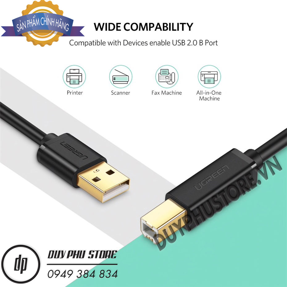 Cáp máy in USB 2.0 Ugreen 10350 cao cấp dài 1.5M)